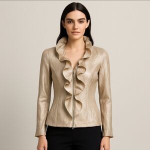 Samuel Dong Metallic Ruffle Jacket Blouse Zip Front Champagne Gold L